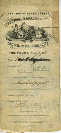 Item #14541 Freehold insurance policy for a William Street,Sydney building. Liverpool, London,...