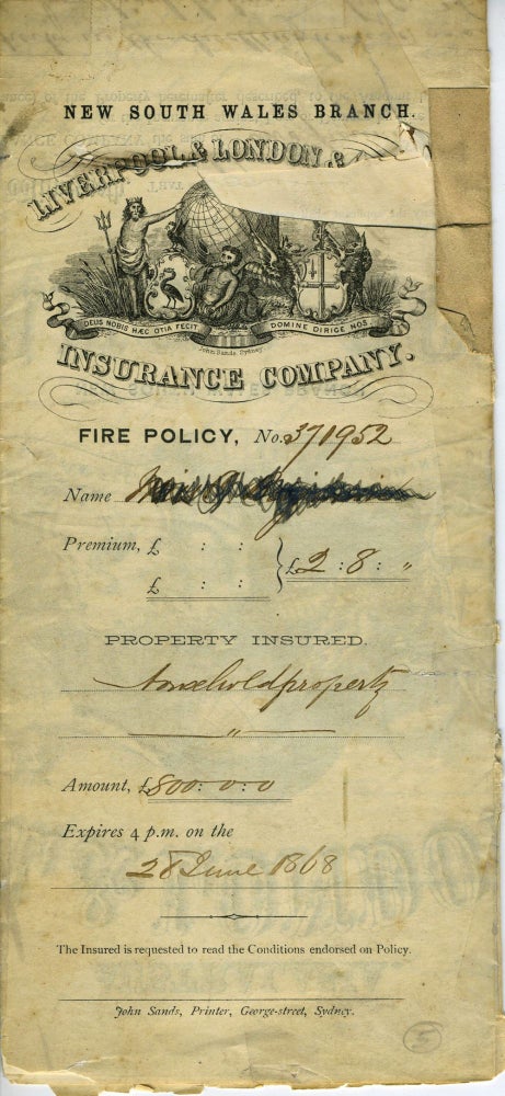 Item #14541 Freehold insurance policy for a William Street,Sydney building. Liverpool, London, Globe Insurance Company.