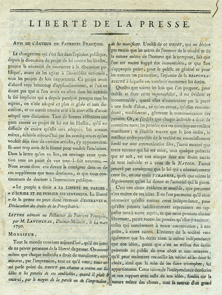 Item #14578 Liberte de la Presse. J. p. Lanthenas Brissot de Warville, François-Xavier.