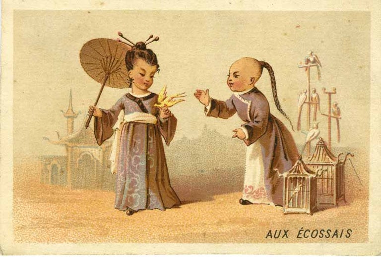 Item #14620 Aux Ecossais. China, Aux Ecossais H. Bouts clothing trade card.