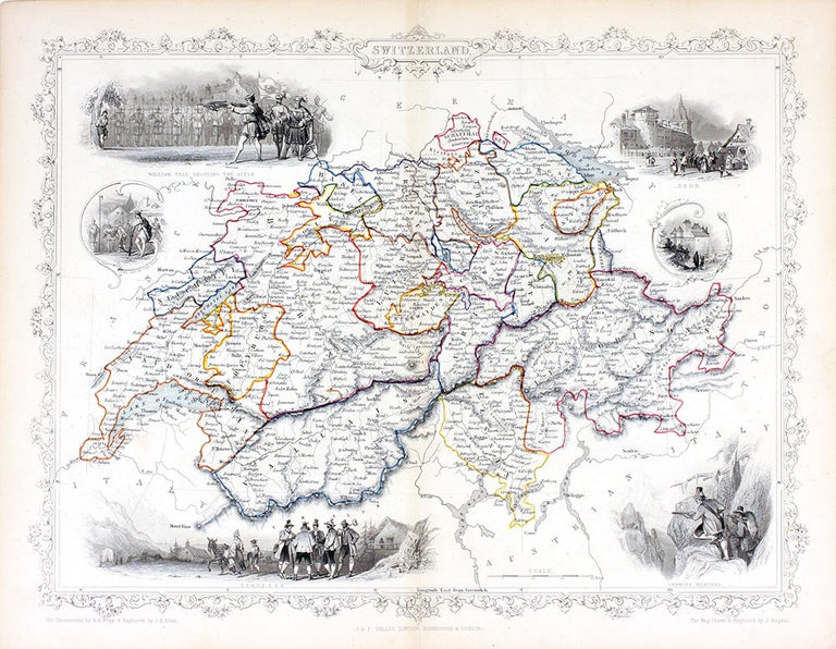 Item #14729 Switzerland, antique map with vignette views. J. Tallis Rapkin, John.