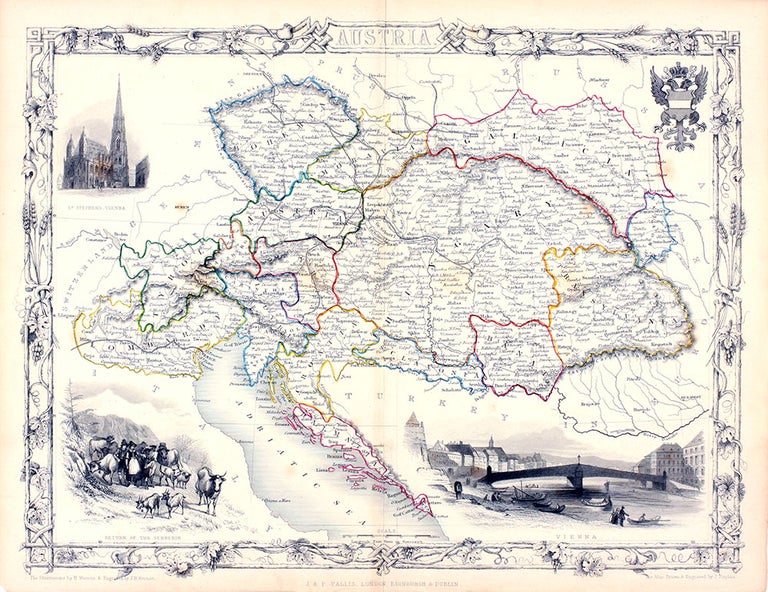 Item #14744 Austria, antique map with vignette views. J. Tallis Rapkin, John.