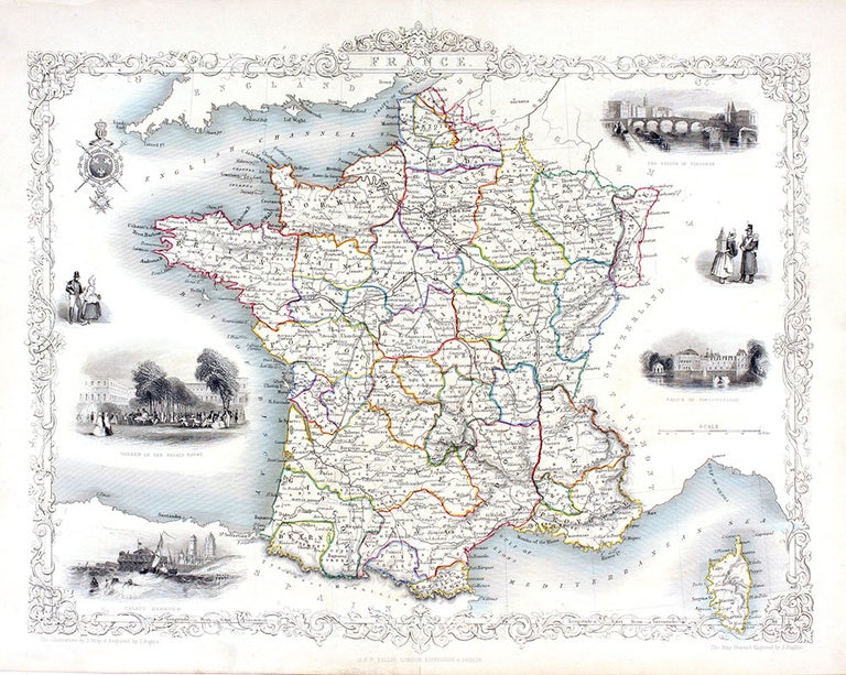 Item #14748 France, antique map with vignette views. J. Tallis Rapkin, John.
