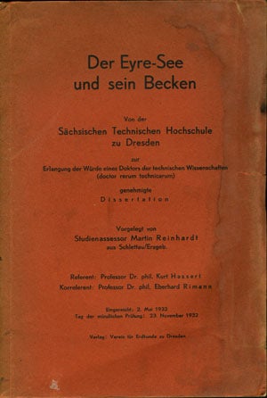 Item #14767 Der Eyre-See und sein Becken / vorgelegt von studienassessor Martin Reinhardt Verein fur Erdkunde zu Dresden. Martin Reinhardt.