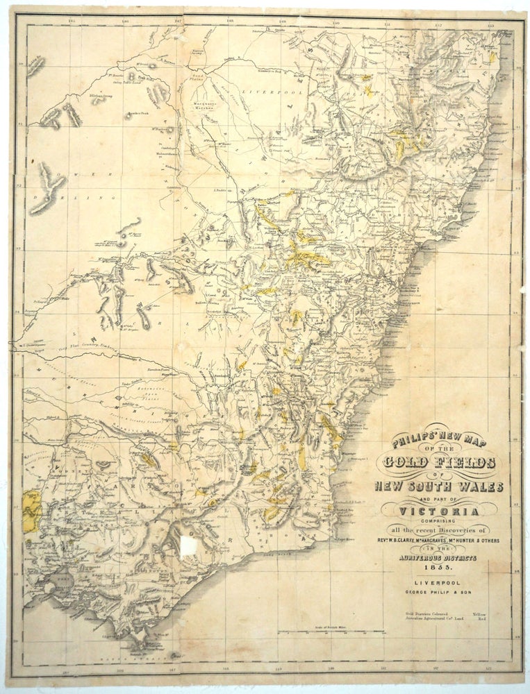 Item #15285 Philip's New Map of the Gold Fields of New South Wales and Part of Victoria comprising all the Recent Discoveries of Revd. W. B. Clarke, Mr. Hargraves, Mr. Hunter and others in the Auriferous Districts 1853. George Philip.