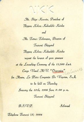 Item #15441 Tsurumi Shipyard invitation to Launching Ceremony of "Oinoussios", January 12, 1956...