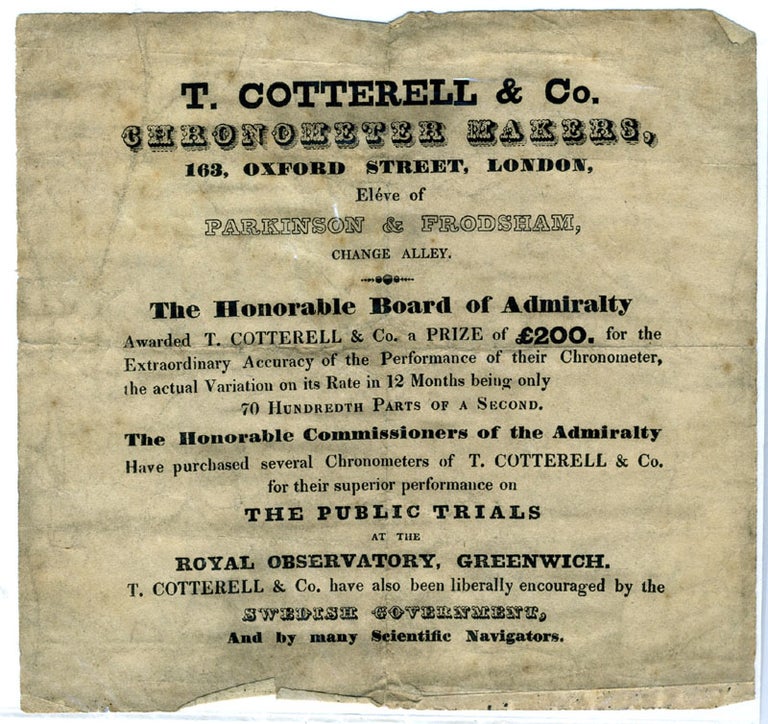 Item #15578 Advertisement for T. Cotterell & Co., Chronometer Makers, announcing an award granted by the Board of Admiralty to Cotterell for its performance at the Public Trials, Royal Observatory, Greenwich.