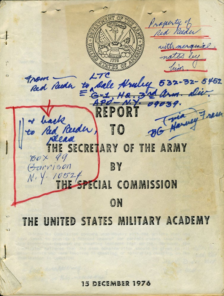 Item #15715 Report to the Secretary of the Army By the Special Commission on the United States Military Academy, regarding the Honor Code (with) Extensive Annotations By Col. "Red" Reeder, Letters and Notes. West Point, United States Military Academy, Frank Borman.