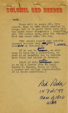 Report to the Secretary of the Army By the Special Commission on the United States Military Academy, regarding the Honor Code (with) Extensive Annotations By Col. "Red" Reeder, Letters and Notes.