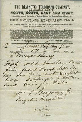 Item #15721 1861 Telegram from D.S. Gregory Jr. Brigadier Inspector at West Point Military...