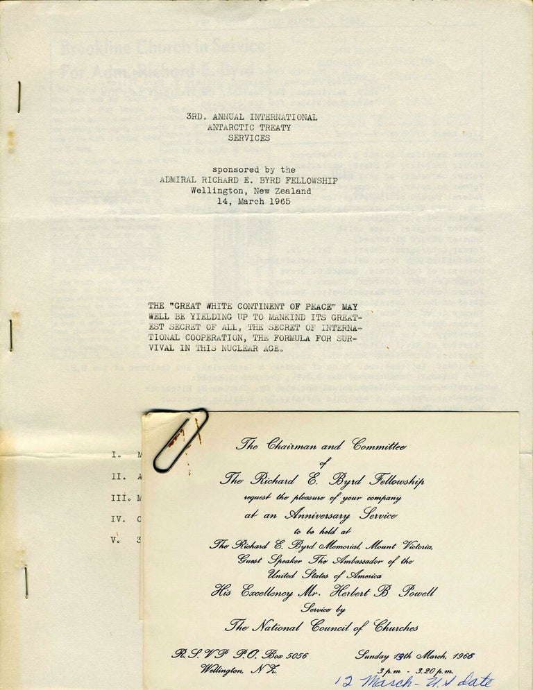 Item #15804 Collection of Third Annual International Antarctic Treaty Services memorabilia. Antarctic.