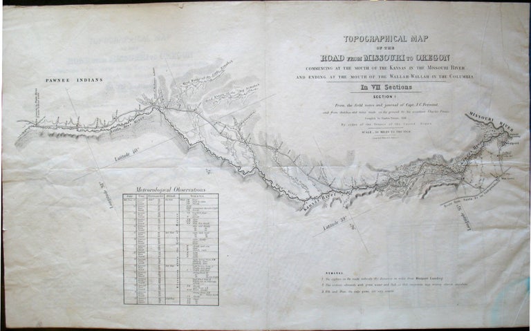 Item #15834 Topographical map of the road from Missouri to Oregon, commencing at the mouth of the Kansas in the Missouri River and ending at the mouth of the Wallah Wallah in the Columbia, in VII sections : from the field notes and journal of Capt. J.C. Fremont, and from sketches and notes made on the ground by his assistant Charles Preuss ; compiled by Charles Preuss, 1846, by order of the Senate of the United States. Charles Preuss.