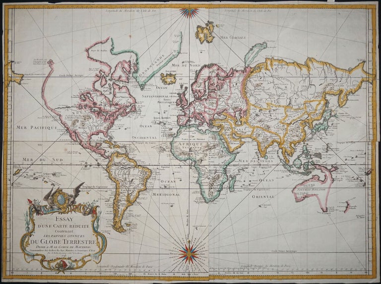 Item #15913 Essay D'Une Carte Reduite Contenant Les Parties Conneuees Du Globe Terrestre Dedie a M. Le Comte De Maurepas. Nicolas Bellin.