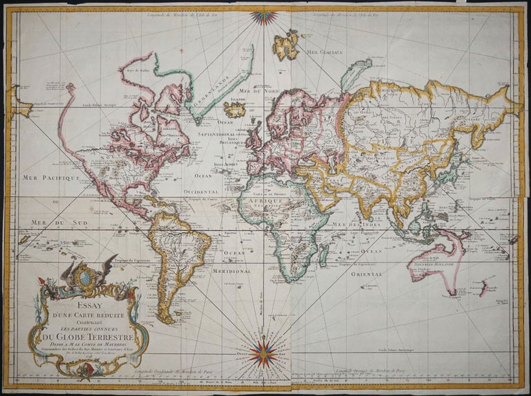 Item #15913 Essay D'Une Carte Reduite Contenant Les Parties Conneuees Du Globe Terrestre Dedie a M. Le Comte De Maurepas. Nicolas Bellin.