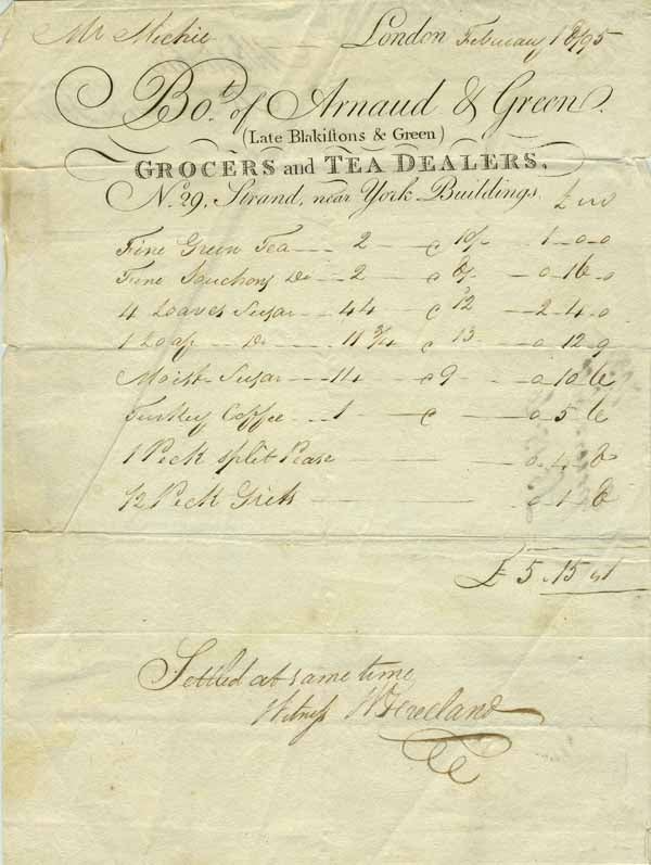 Item #16028 Tea & spice receipt, Arnaud & Green (Late Blakistons & Green) Grocers and Tea Dealers, No. 29 Strand, near York Buildings, London, February 1795. Tea.