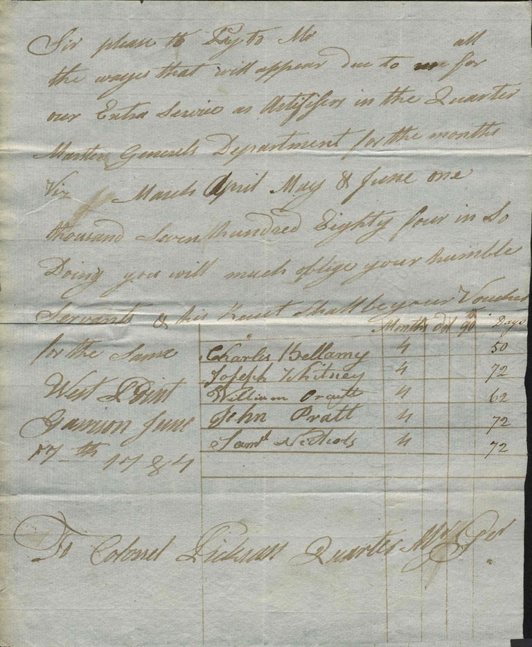 Item #16200 West Point Quartermaster Request, dated June 17, 1784. West Point.