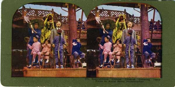 Item #16301 No. 374 Superstitious Chinese Children Covering their Faces to Avoid Being Photographed. China, Stereoscopic view.
