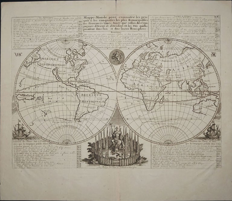 Item #16453 Mappe-Monde pour Connoitre les Progres & les Conquestes les Plus Remarquables des Provinces-Unies, ainsy que celles des Compagnies d'Orient et d'Occident, et les Pais quelles Possedent dans l'un et dans l'autre Hemisphere. Henry Abraham Chatelain.