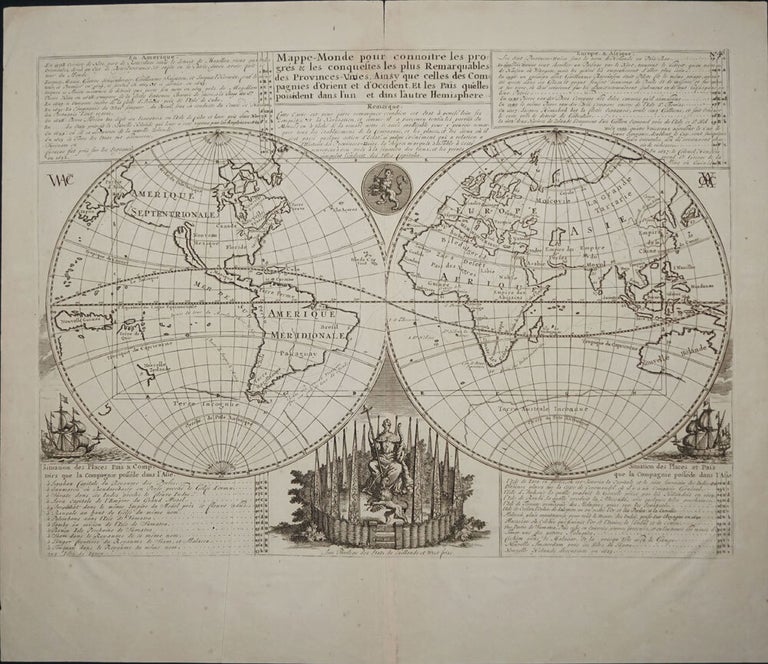 Item #16453 Mappe-Monde pour Connoitre les Progres & les Conquestes les Plus Remarquables des Provinces-Unies, ainsy que celles des Compagnies d'Orient et d'Occident, et les Pais quelles Possedent dans l'un et dans l'autre Hemisphere. Henry Abraham Chatelain.