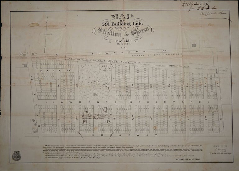 Item #16477 Map of 591 Building Lots belonging to Mess. Straiton & Storm at Bayside Queens Co. L. I. Queens Bayside, Straiton, Storm.