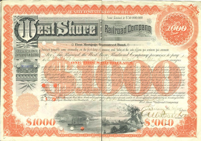 Item #16584 West Shore Railroad Company (Hudson River). First Mortgage Guaranteed Bond, Issued $1,000.00; dated 1892. NY Garrison, West Point, Hudson River.