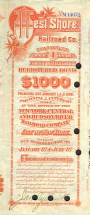 West Shore Railroad Company (Hudson River). First Mortgage Guaranteed Bond, Issued $1,000.00; dated 1892.
