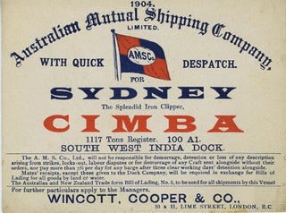 Item #16591 Advertising trade card, iron clipper 'Cimba', London to Sydney. Australian Mutual...
