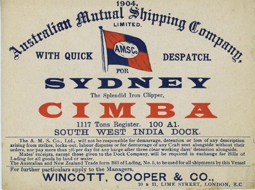 Item #16591 Advertising trade card, iron clipper 'Cimba', London to Sydney. Australian Mutual Shipping Company Limited.