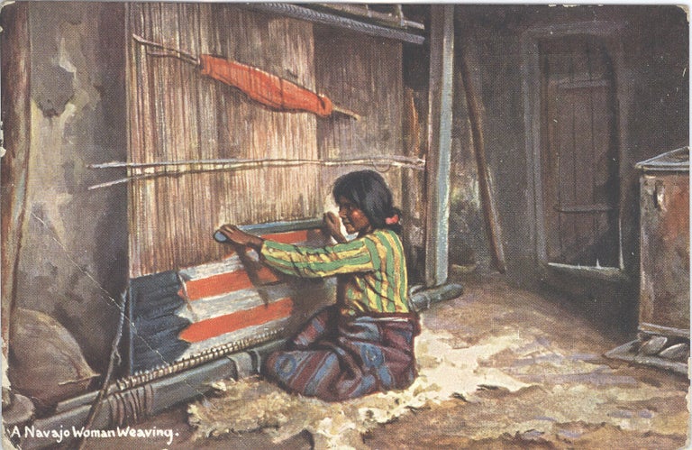 Item #16621 A Navajo Woman Weaving; color postcard. Native American.