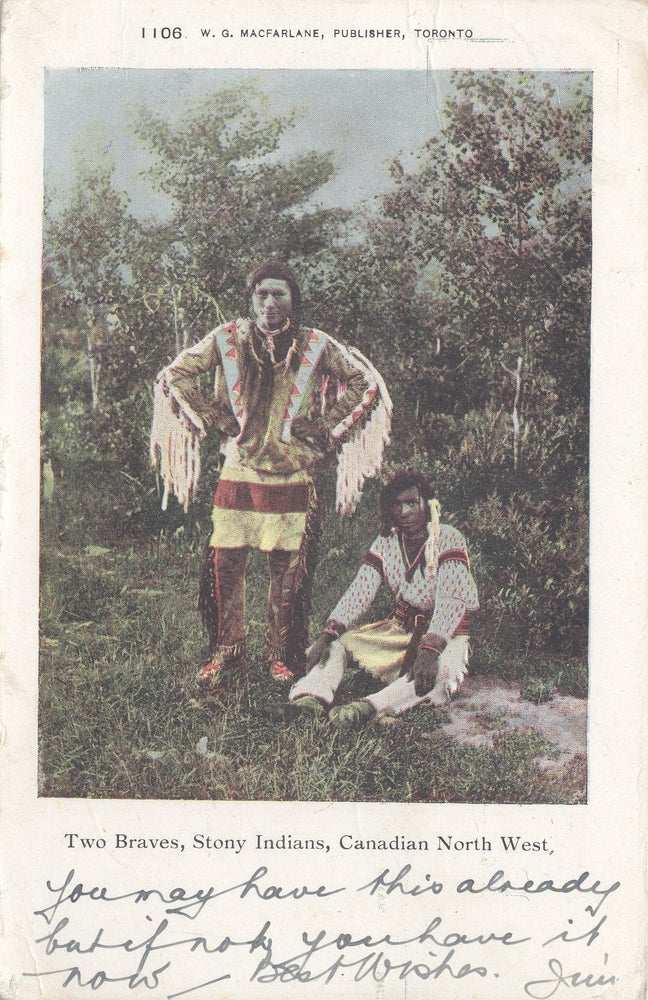 Item #16624 Two Braves, Stony Indians, Canadian North West; printed color postcard. Native American.