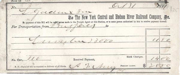 Item #16626 Receipt for transportation charge, New York Central and Hudson River Railroad Company; $25.50. Hudson River Railroad, New York Central.