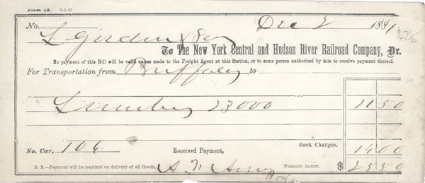 Item #16628 Receipt for transportation charge, New York Central and Hudson River Railroad Company; $25.50.