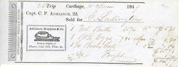 Item #16637 Receipt for foods transported on the Steamboat William Young (out of Newburgh, NY), Capt. C. P. Adriance, 1849. Hudson River.