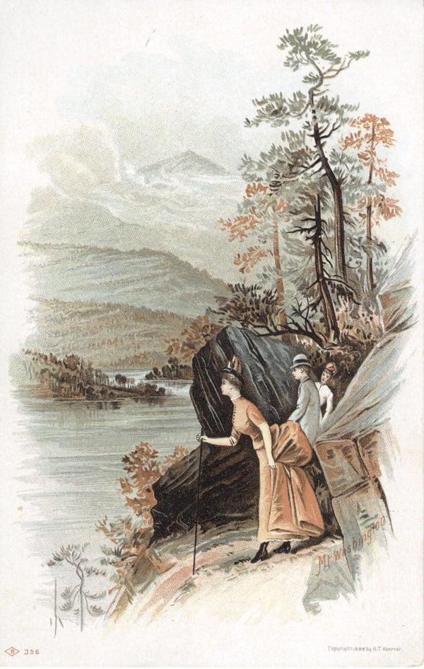 Item #16639 Two ladies and a gentleman viewing the river, titled "Mt. Washington"; chromolithographic illustrated card. H. T. Koerner.