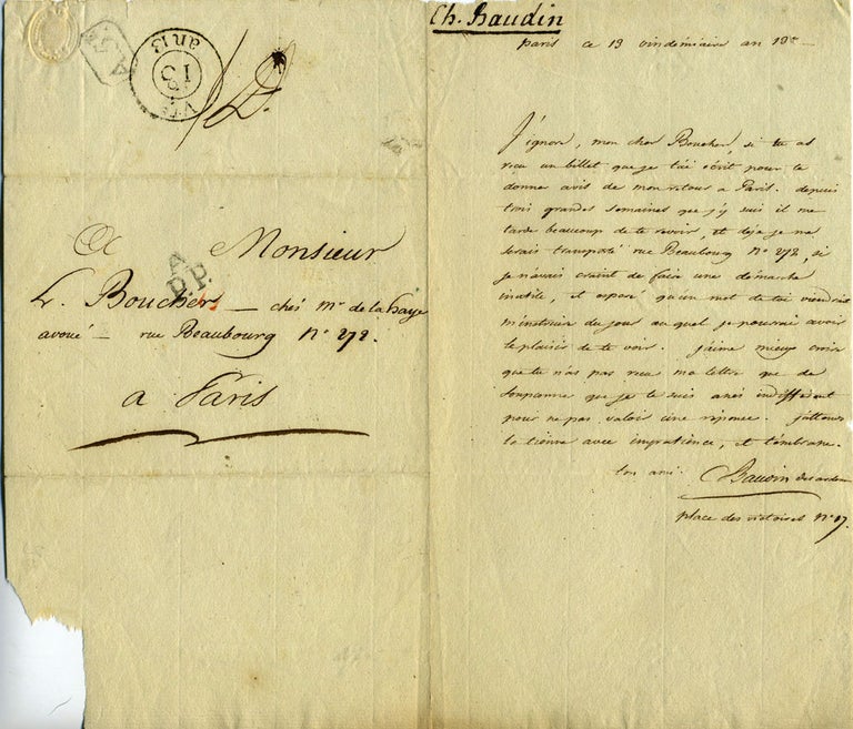 Item #16682 ALS, signed C Baudin, to Monsieur L. Boucher, Paris. Charles Baudin.