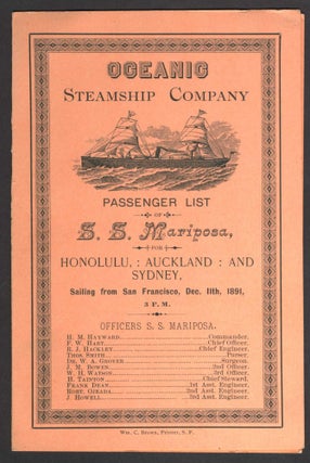 Item #16693 Oceanic Steamship Company, Passenger List, S. S. Mariposa, for Honolulu, Auckland and...