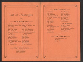 Oceanic Steamship Company, Passenger List, S. S. Mariposa, for Honolulu, Auckland and Sydney, sailing from San Francisco, Dec. 11th, 1891, 3 P. M.