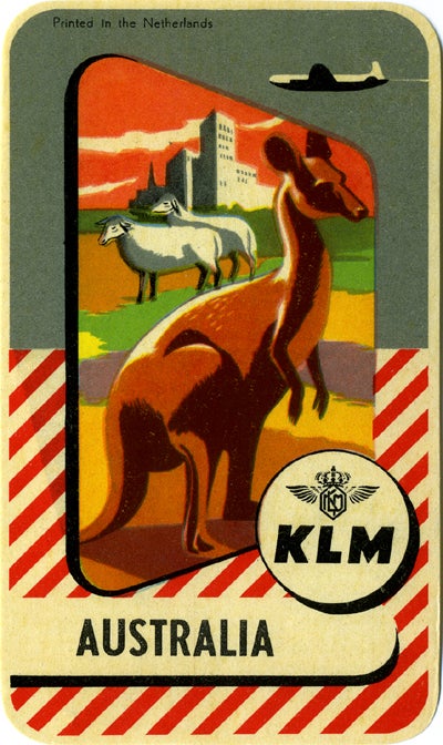 Item #16695 KLM, Australia; airline label for the Dutch airline with image of kangaroo, sheep. Kangaroo.