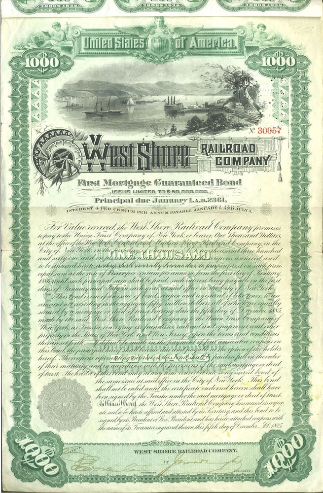 Item #16899 West Shore Railroad Company (Hudson River). First Mortgage Guaranteed Bond, Issued $1,000.00. NY Garrison, West Point, Hudson River.