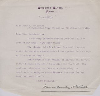 Item #16941 Letter from Horace Vachell Concerning His Novel The Face of Clay and the...