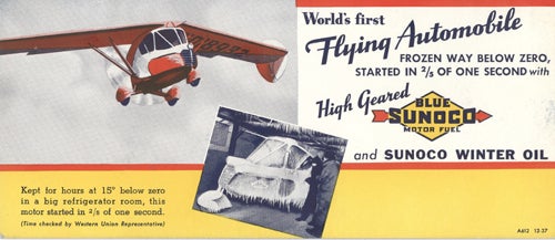 Item #16959 Advertising Card for Sunoco Fuel and Oil and the Arrowbile, the "World's First Flying Automobile"