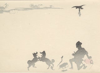Item #17001 Japanese Notecard Print Showing Silhouette of Man and Two Fighting Dogs While Hawk...
