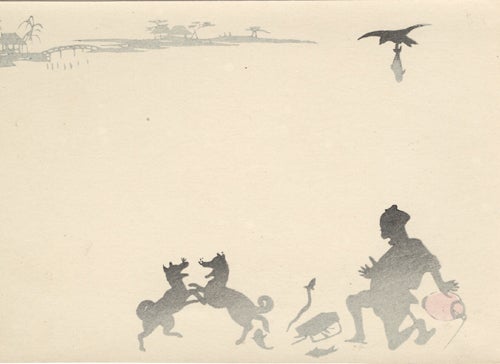 Item #17001 Japanese Notecard Print Showing Silhouette of Man and Two Fighting Dogs While Hawk Carries Away Fish.