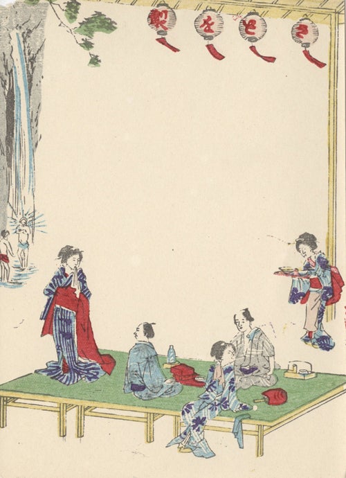 Item #17005 Japanese Notecard Showing Men Being Entertained by Geishas.