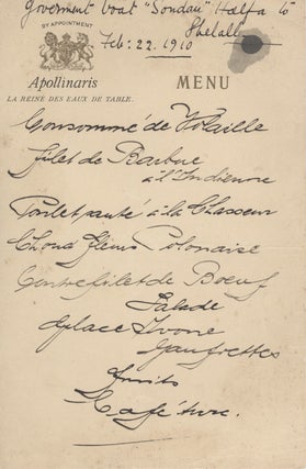 Item #17021 Handwritten Menu dated February 22, 1910 during Boat Trip in Sudan