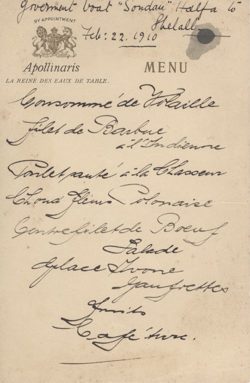 Item #17021 Handwritten Menu dated February 22, 1910 during Boat Trip in Sudan.