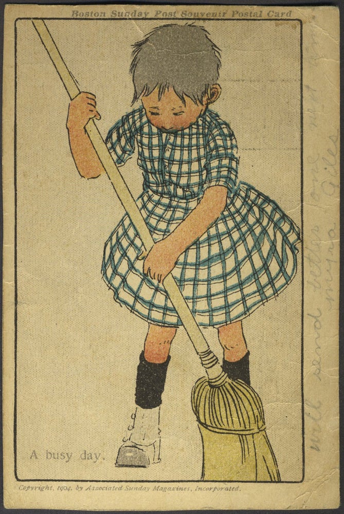 Item #17103 Artist Card: Boston Sunday Post Souvenir Postcard of Girl Sweeping.