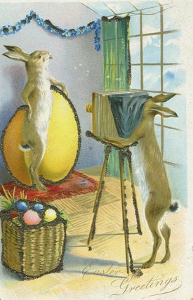 Item #17117 Easter Postcard Showing One Bunny Taking Photo of Another. Photography