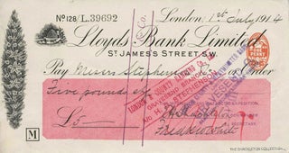 Item #17126 Autograph check from the "Endurance" Expedition, signed by Shackleton. Messrs...