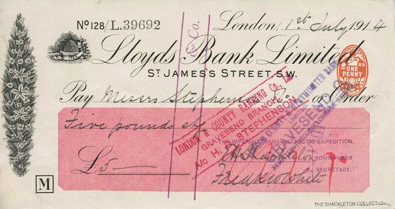 Item #17126 Autograph check from the "Endurance" Expedition, signed by Shackleton. Messrs Stephenson, Co.